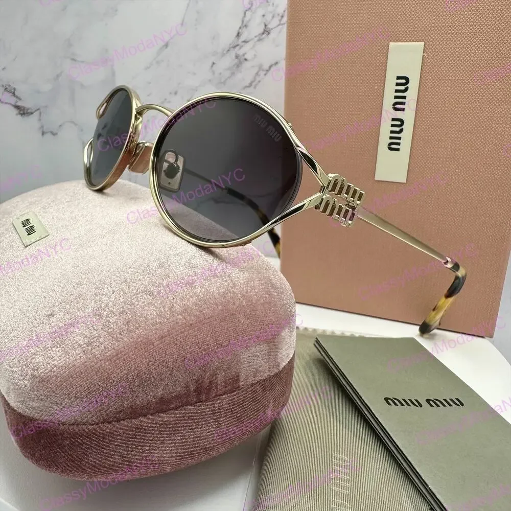 New MIU MIU Sunglasses Gold Metal Slim Frame Oval 100% Authentic Italy Gray Lens